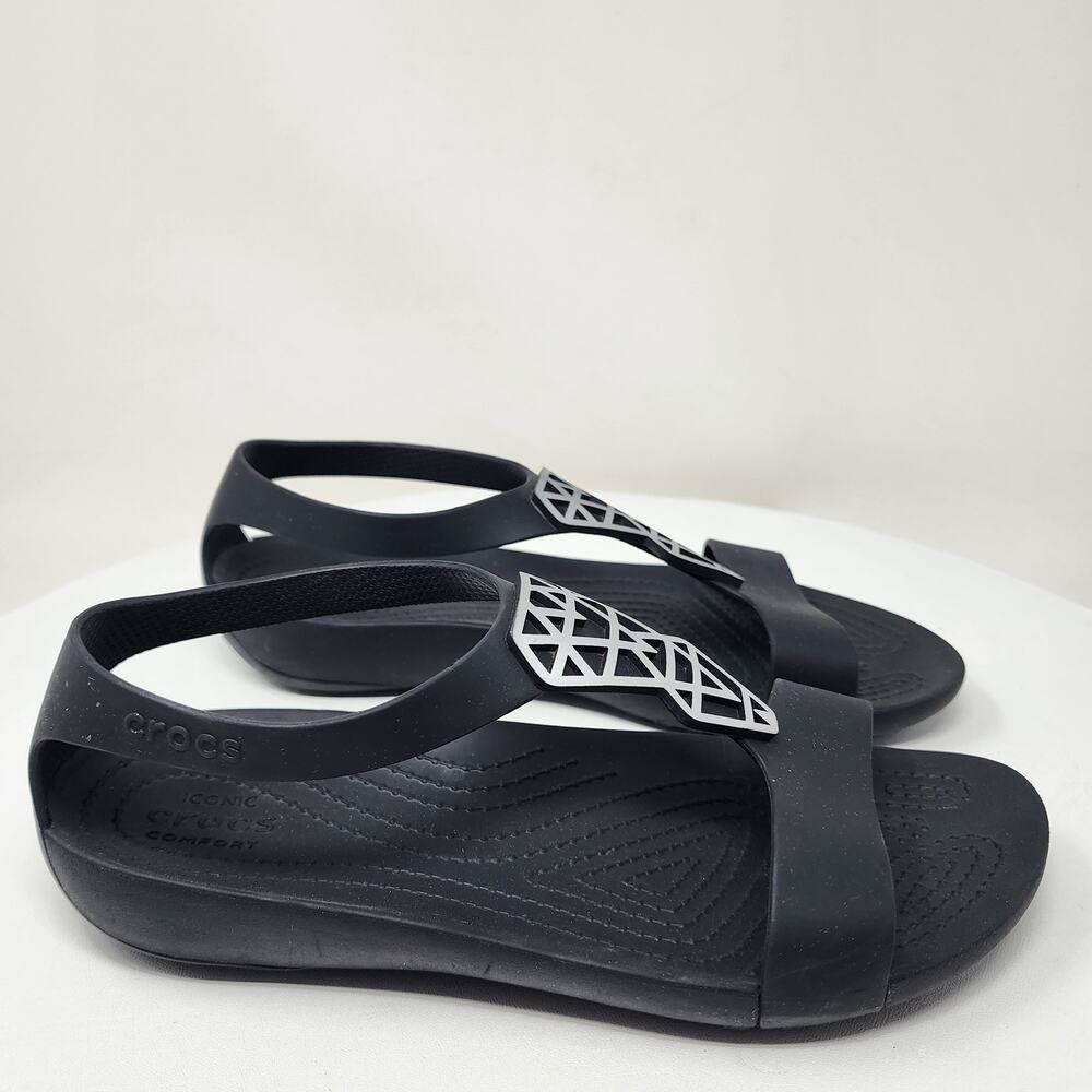 Crocs Serena Sexi Sandals Women 7 Black with Silver Diamond T-Strap Comfort - Picture 3 of 12